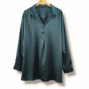 Pleione Deep Teal Satin Oversized Button Down Blouse 3X